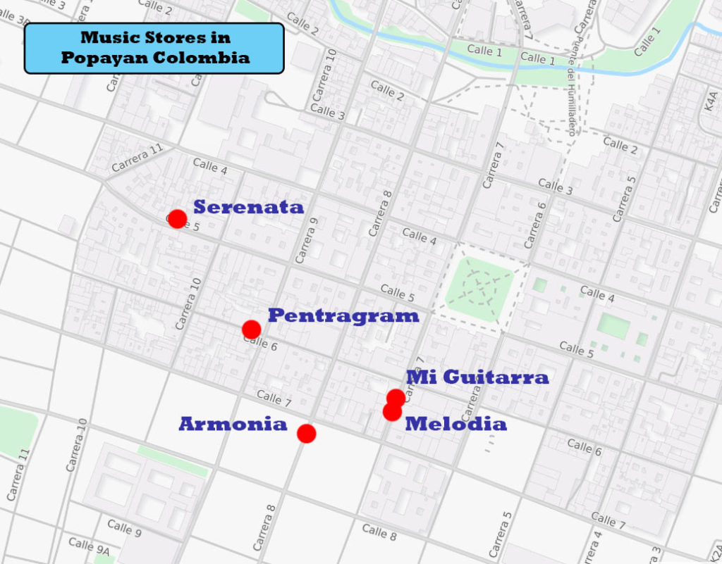 Lokalizacja sklepów muzycznych w Popayan Kolumbii, które prowadzą lokalne cajons.