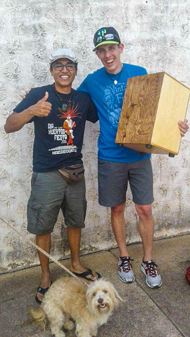 A happy customer with the cajon builder at Munuguia Percussion, Texas USA. 