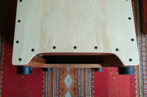 Looking into the Firebox Cajon Open Hearth 'bass reflex' port. This is the only sound hole on the cajon. 