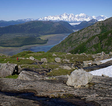 View of the Fairweather Range from the hills above Dundas Bay - hiking in Southeast Alaska.